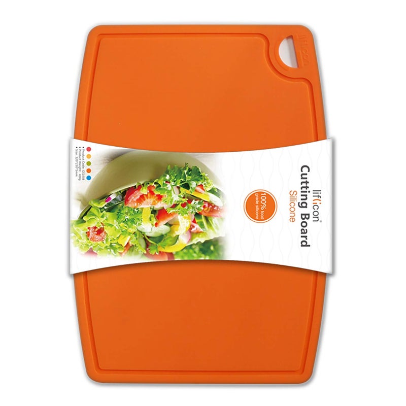 Liflicon Thick Silicone Cutting Board 12.6'' x 9.1'' Juice Grooves Easy Grip Handle Dishwasher Safe-Orange - Image 1